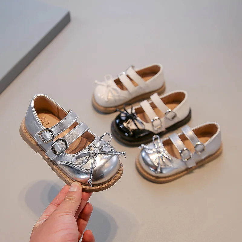 

New Girls Leather Shoes Spring Autumn Patchwork Children Dress Flat Shoes Sweet Bowknot Kids Fashion Princess Performance Shoes