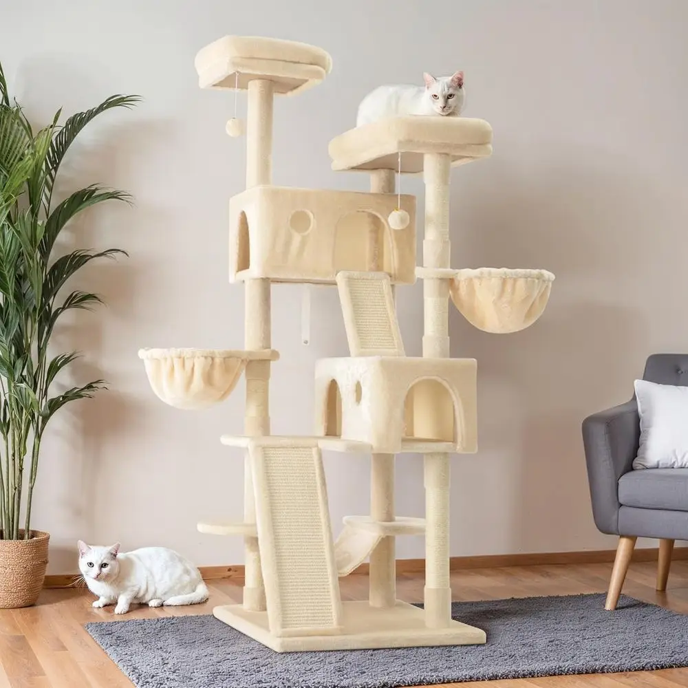 

Large Multi-Level Cat Activity Center with Wide Base, Cozy Perches, Baskets, Sisal Posts, and Hammock - Beige