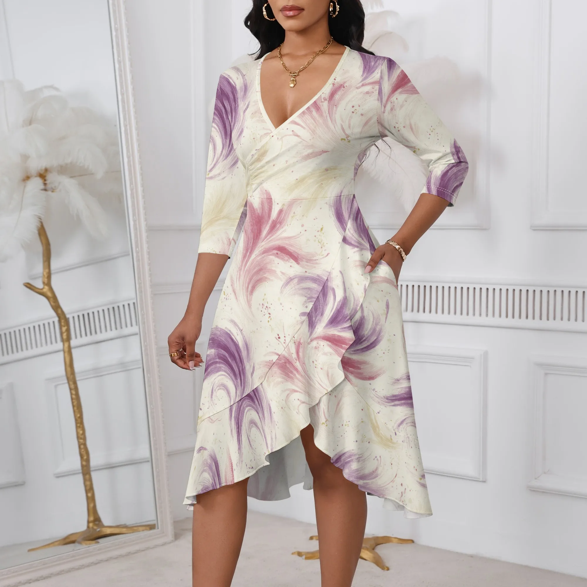 

Nupusa Purple Feather Print Dress for Women Regular Size Summer Casual V Neck three-Sleeve Asymmetrical Midi Dress