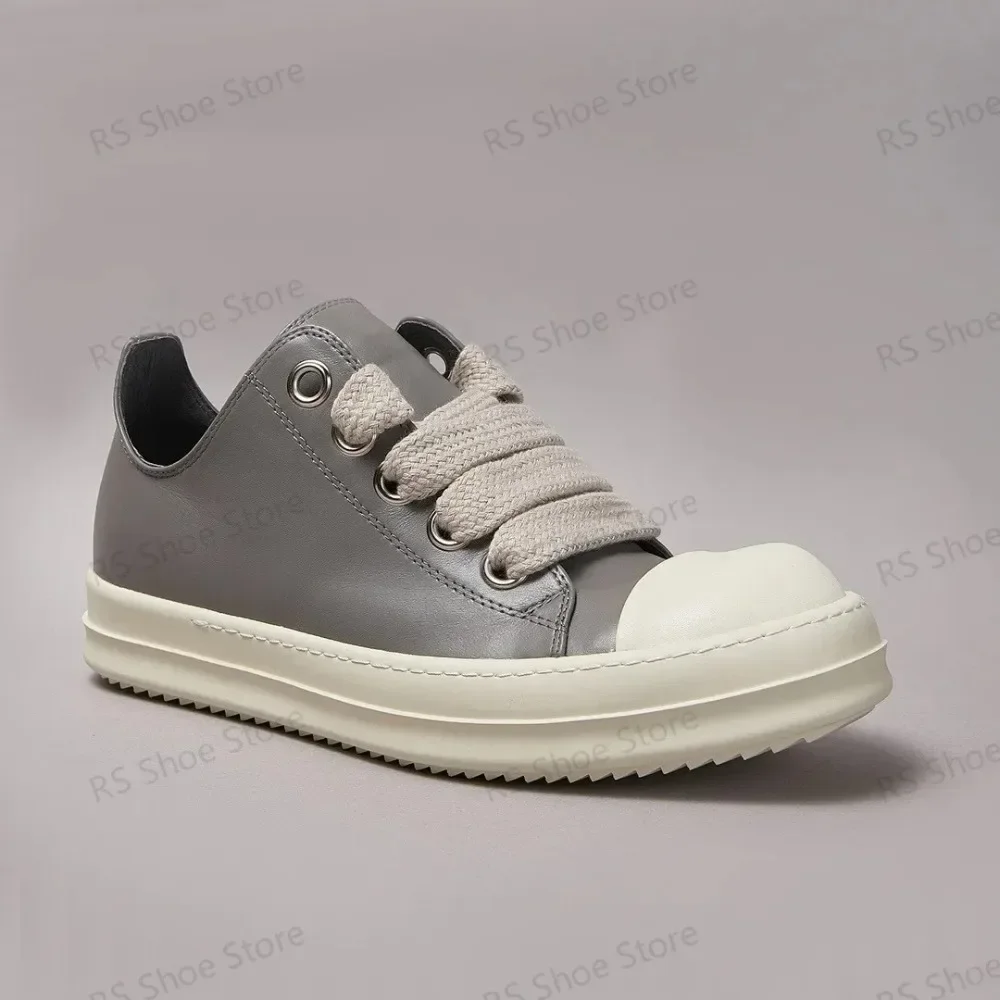 

Ro Men Sneakers Grey Leather Low Top Shoe Jumbo Laces Women Sneaker Gray Casual Shoes Classics Design Thick Sole Flat Shoes