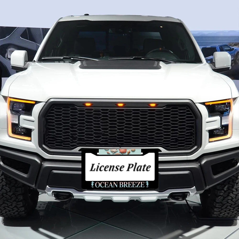 قطعة واحدة من إطار لوحة الترخيص الأسود بفتحتين مع نمط صدف نسيم المحيط، مادة الألومنيوم، 6 × 12 بوصة، تتضمن طقم براغي، إعادة #4