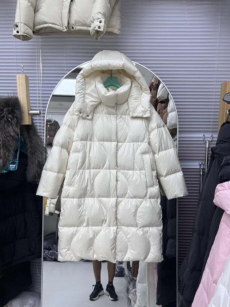 Winter New Medium to Long Style Down Jacket Women's Fashion Thick Hooded Loose Casual Solid Color White Duck Down Coat