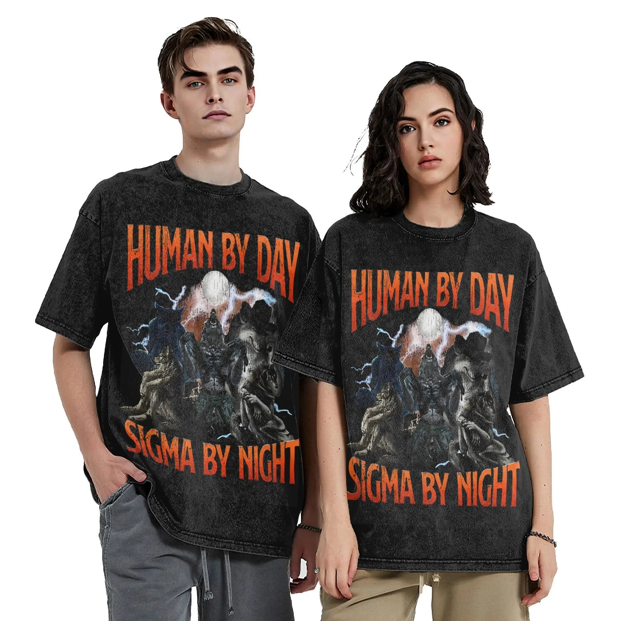 Men Women Wased T-shirts Human By Day Sigma By Night Vintage Bootleg Print Shirt Outfit Street  Tees Tops