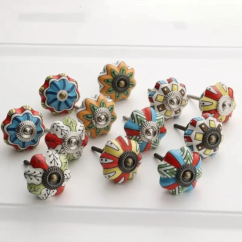 1 Stück handbemalter Kürbis-Keramikgriff mit Einzelloch für Küchenzubehör, Kleiderschrank, Schreibtisch, Schuhschränke, Koffer, Schubladen, Metallknöpfe – Detail 5