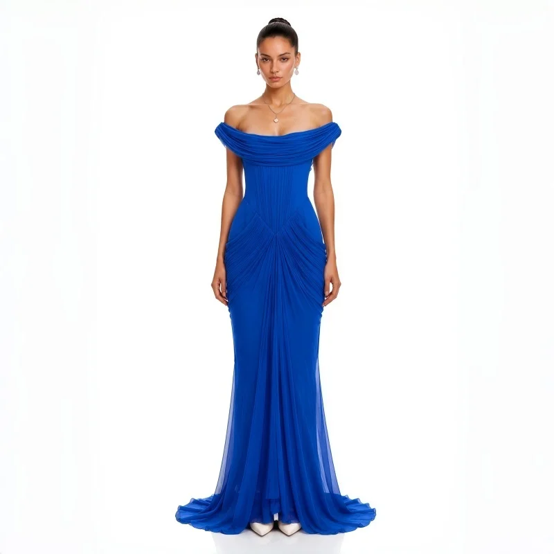 Robe de bal sirène élégante bleu roi à épaules dénudées, avec corset froncé, longue robe de soirée formelle à traîne au sol
