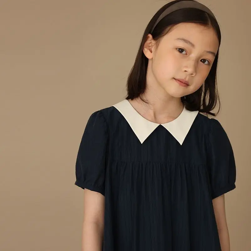 Summer New Children Dress Cool and Breathable Black Color Bubble Sleeves Student Clothes Students Girls\' Dress