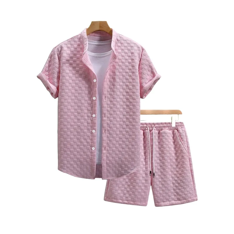 

Мужской летний комплект из вафельной ткани: рубашка с воротником-стойкой и коротким рукавом и шорты, повседневный двухсоставный наряд для ежедневной носки