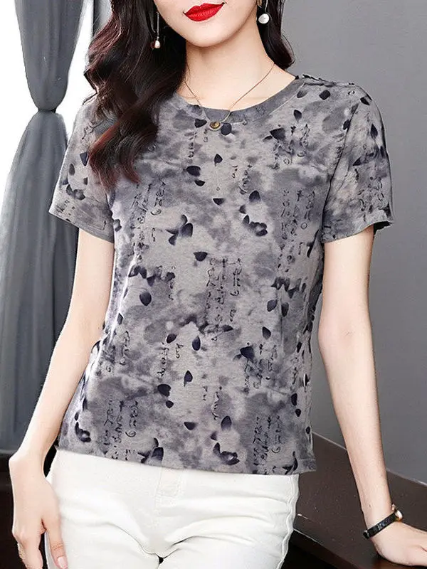 

Loose Retro Shoulder Mom Short Sleeve Women's Summer Versatile T-shirt round Neck Ladies' Top Street Style Polyester Fiber