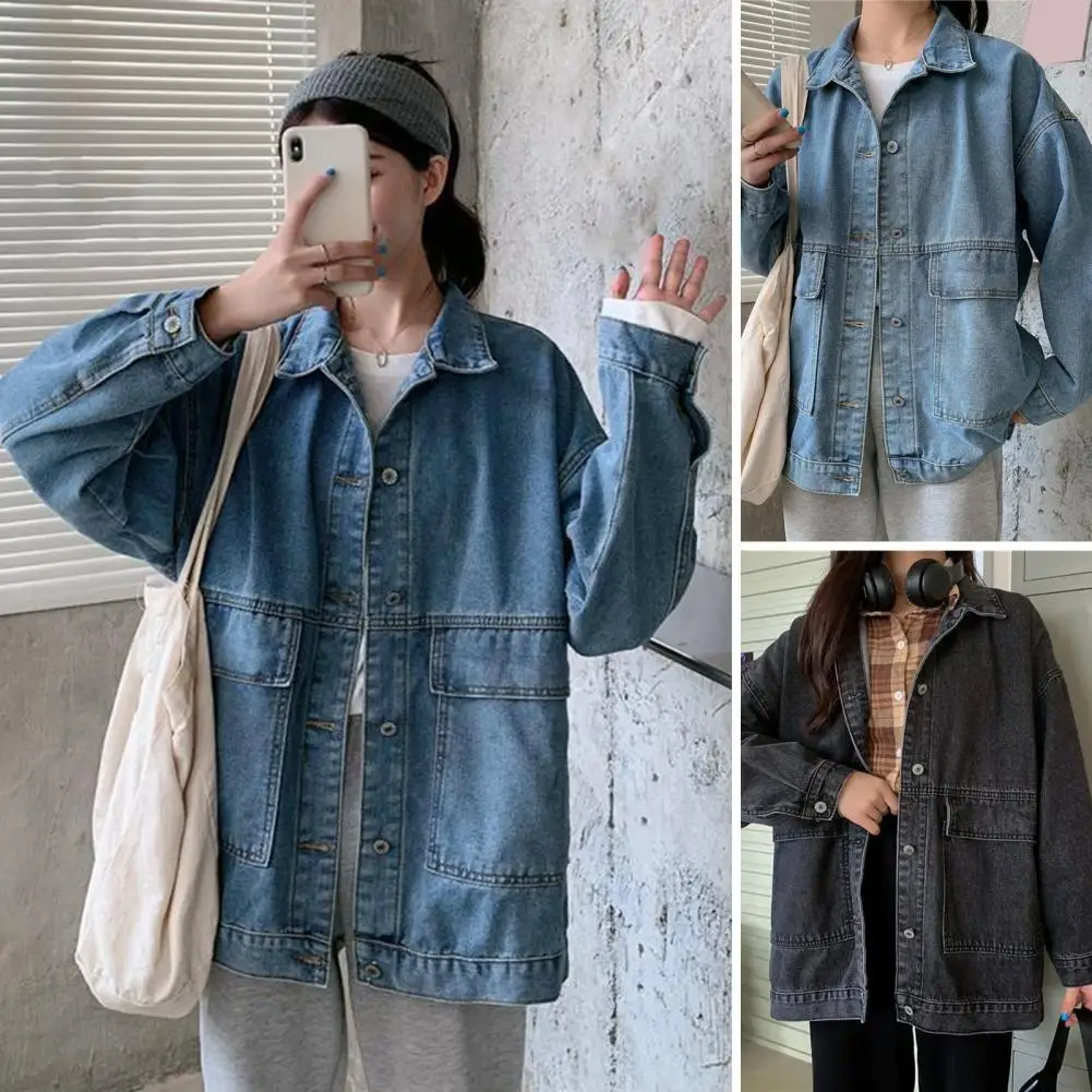 

1Pc Stylish Denim Jacket Single-breasted Design Women Denim Jacket with Retro Vibes Oversized Women's Denim Jacket for Commuting