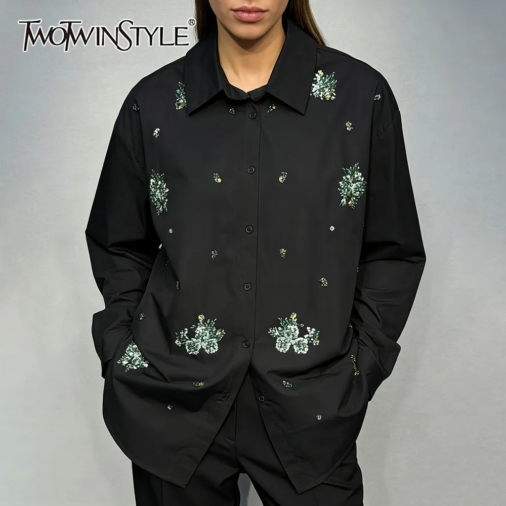 TWOTWINSTYLE Solid Spliced Beading Chic Shirt Female Lapel Long Sleeve Loose Casual Commute Women's Shirts Autumn Fashion New
