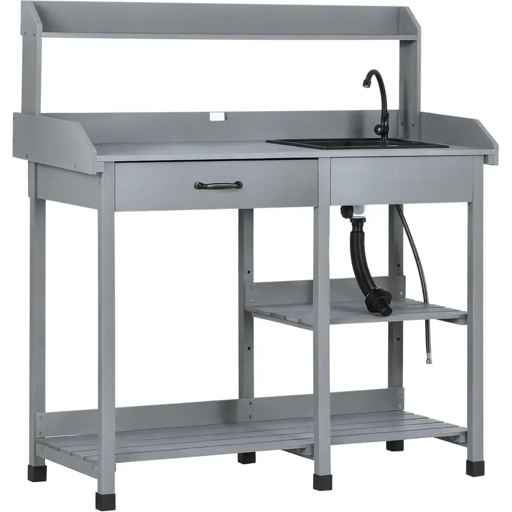 

Outdoor Wooden Garden Workstation with Removable Sink, Shelves, and Hooks, Gray