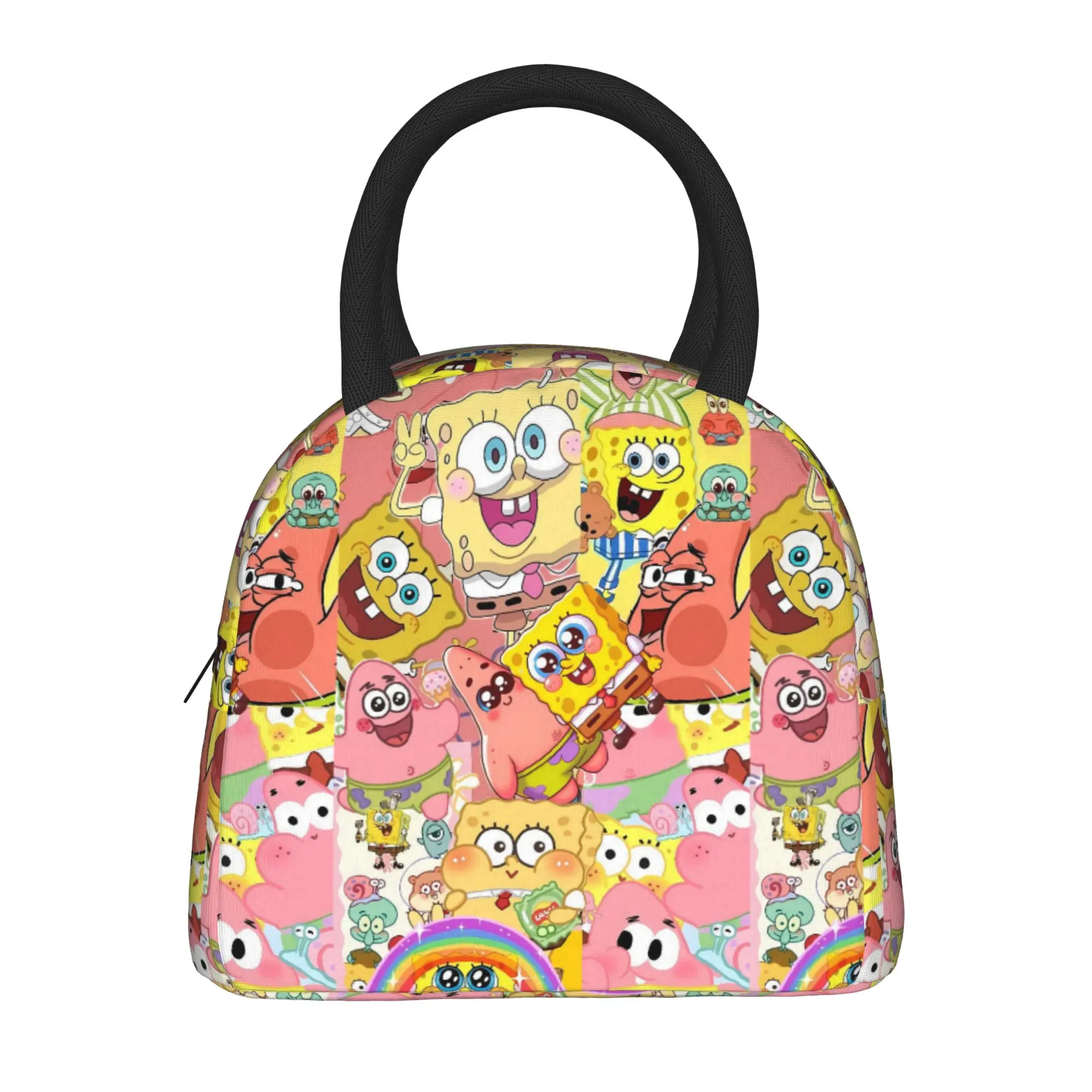 S-SpongeBobed Pink Tone Cute Group Collage Lunch Bag Lunch Box For Men Thermal Tote Handbags Oxford Portable Zipper Cooler Bag