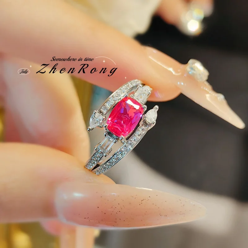 Fashion Red Corundum Ring for Women - Luxury Simulated Blood Red High-Carbon Diamond - Wedding and Engagement Exclusive Jewelry