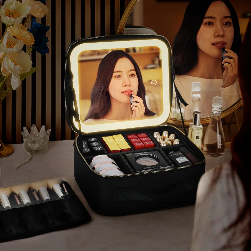 

Large capacity makeup bag with light Makeup case Full screen mirror Portable travel makeup storage bag Storage box