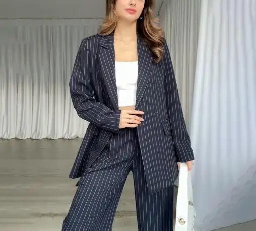 

Two Piece Set Women Outfit 2025 Spring Autumn New Stripe Print Long Sleeved Notched Collar Blazer & Straight Leg Pants Set
