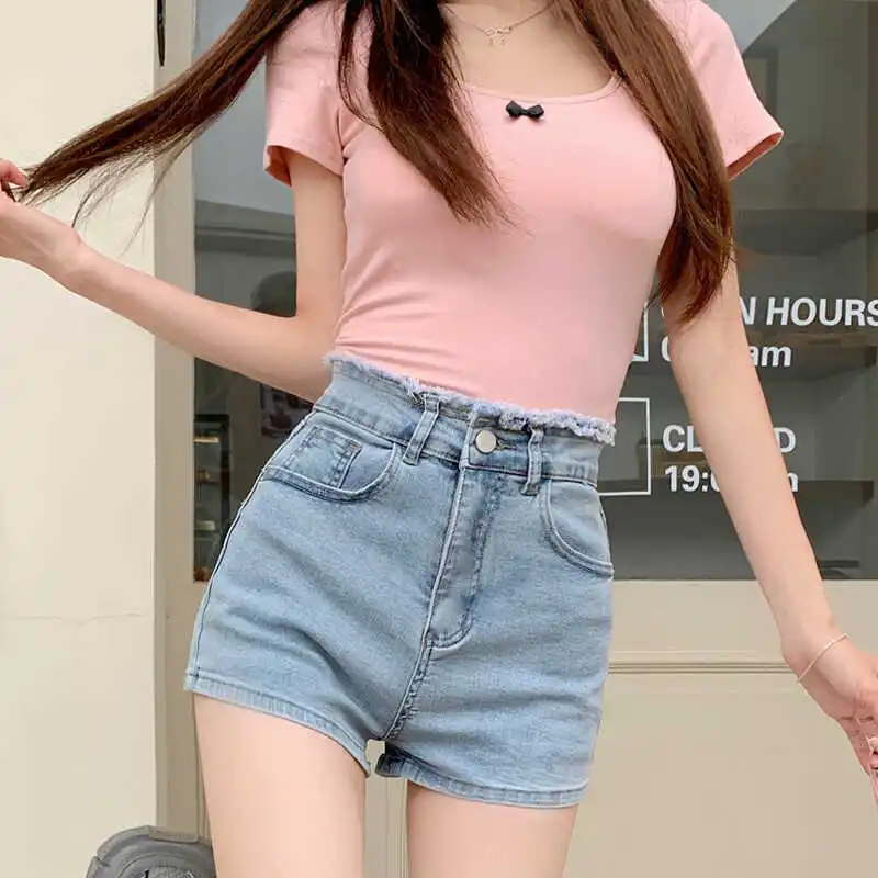 

Design Sense High Waist Bow Embroidered Woven Denim Shorts for Women