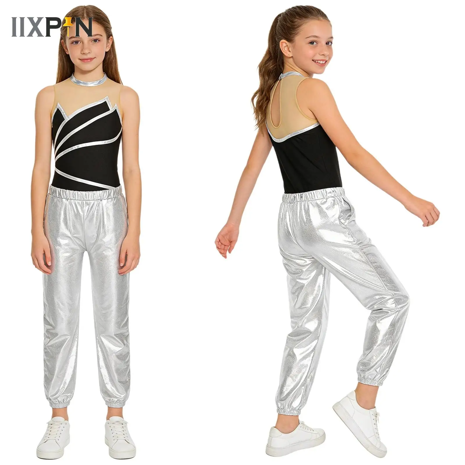 

Gymnastics Jumpsuit with Metallic Pants Set Girl Ballet Dance Leotard Kids Sheer Mesh Splice Sleeveless Bodysuit Teens Dancewear