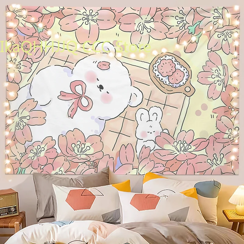 Tapestry Custom Healing Bear and Rabbit Kawaii Background Hanging Cloth Girls Room Bedroom Dormitory Decorative Wall Tapestries