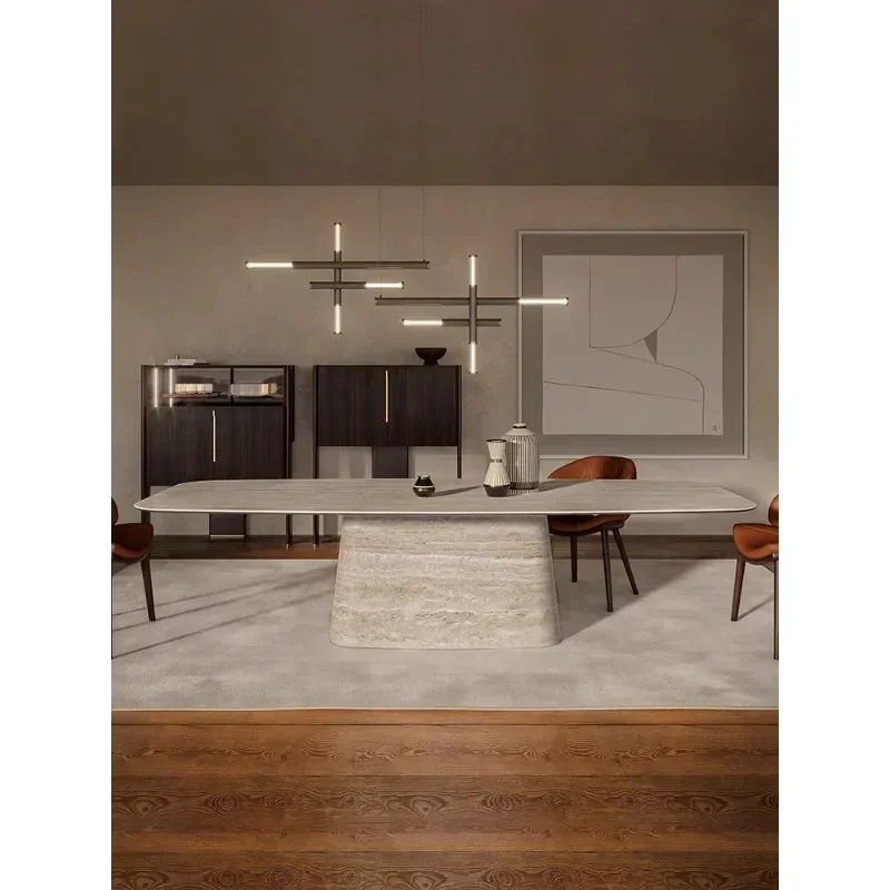 Travertine rock slab dining table and chairs modern simple household small apartment 2024 new restaurant rectangular