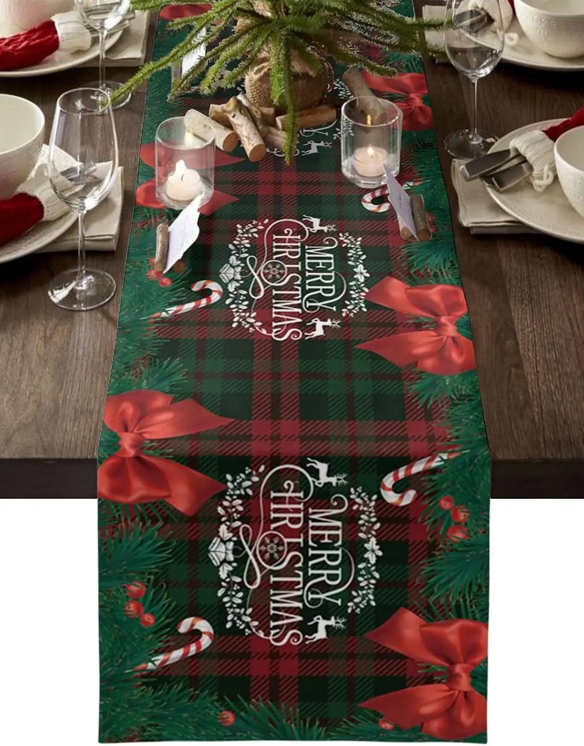 Merry Christmas Pine Branch Bow Candy Canes Plaid Linen Table Runner Table Decor Xmas Kitchen Table Runners Navidad Decorations