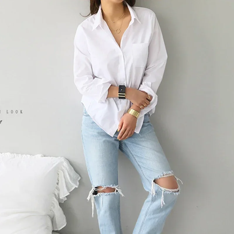 Camisas y blusas para mujer 2024, blusa femenina, Top informal de manga larga con cuello vuelto blanco, blusas holgadas estilo OL para mujer 3496 50