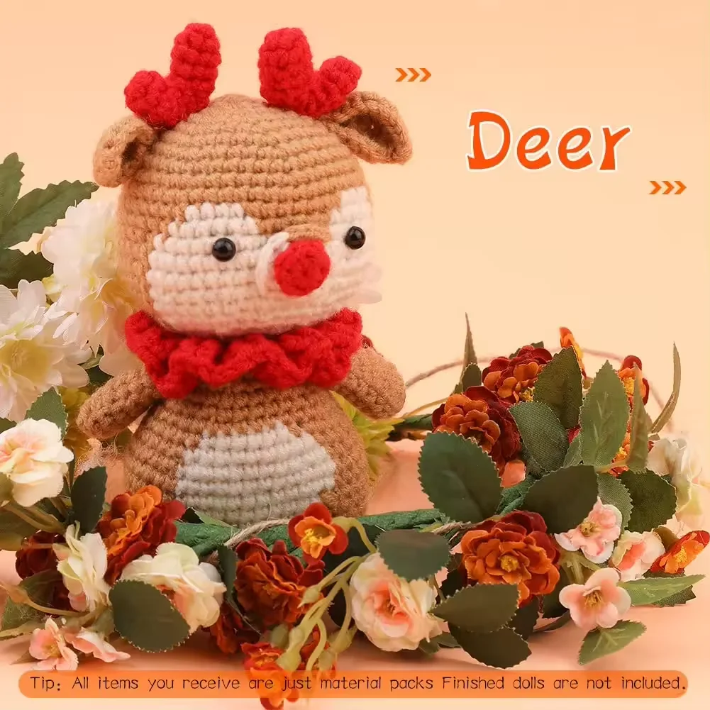 Christmas Reindeer Crochet Doll Kits Knitting Yarn Starter DIY Making Cartoon Deer Crochet Ornaments Charms Pendant Crochet Sets