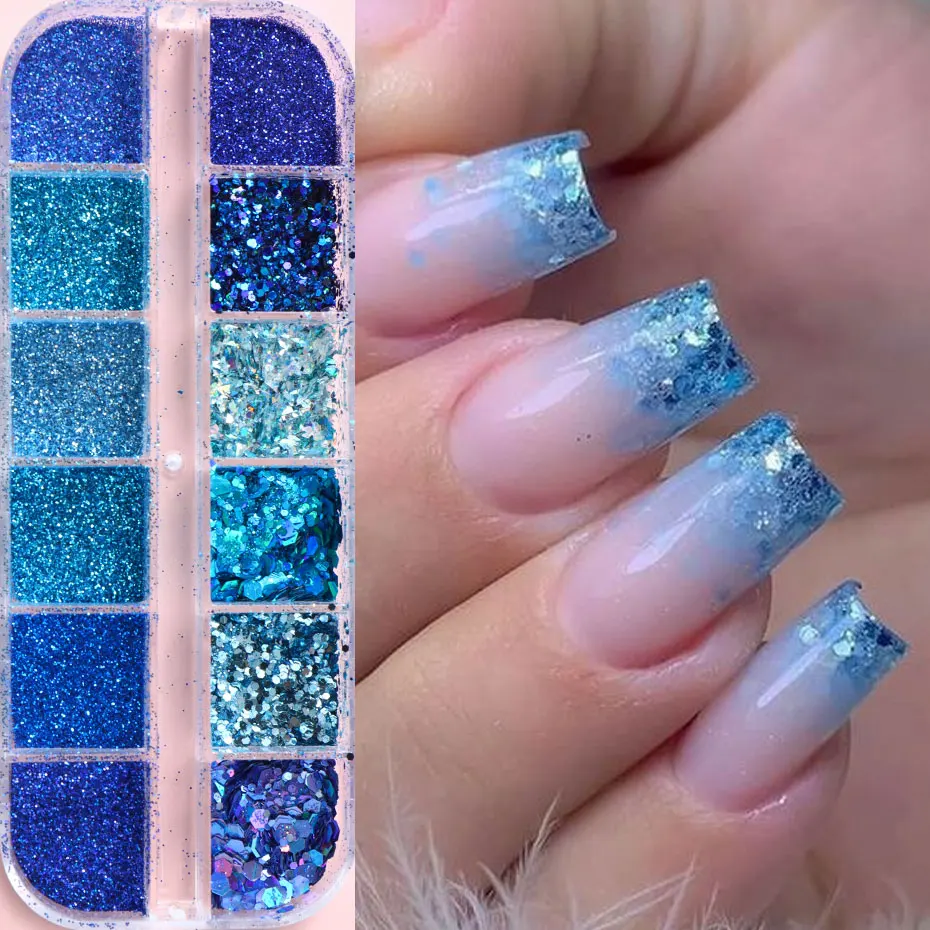 12Grid Royal Blue Mixed Glitter Nail Flakes Holographic Hexagon Irregular Sequins Sliced Sparkly Pigment Powder Manicure Decor