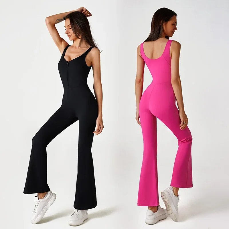 Zipper Fitness Yoga Jumpsuit Suit For Adults Flare Wide Leg Pants One Piece Womens Bodysuit Sport Gym Rompers Flared Leggings