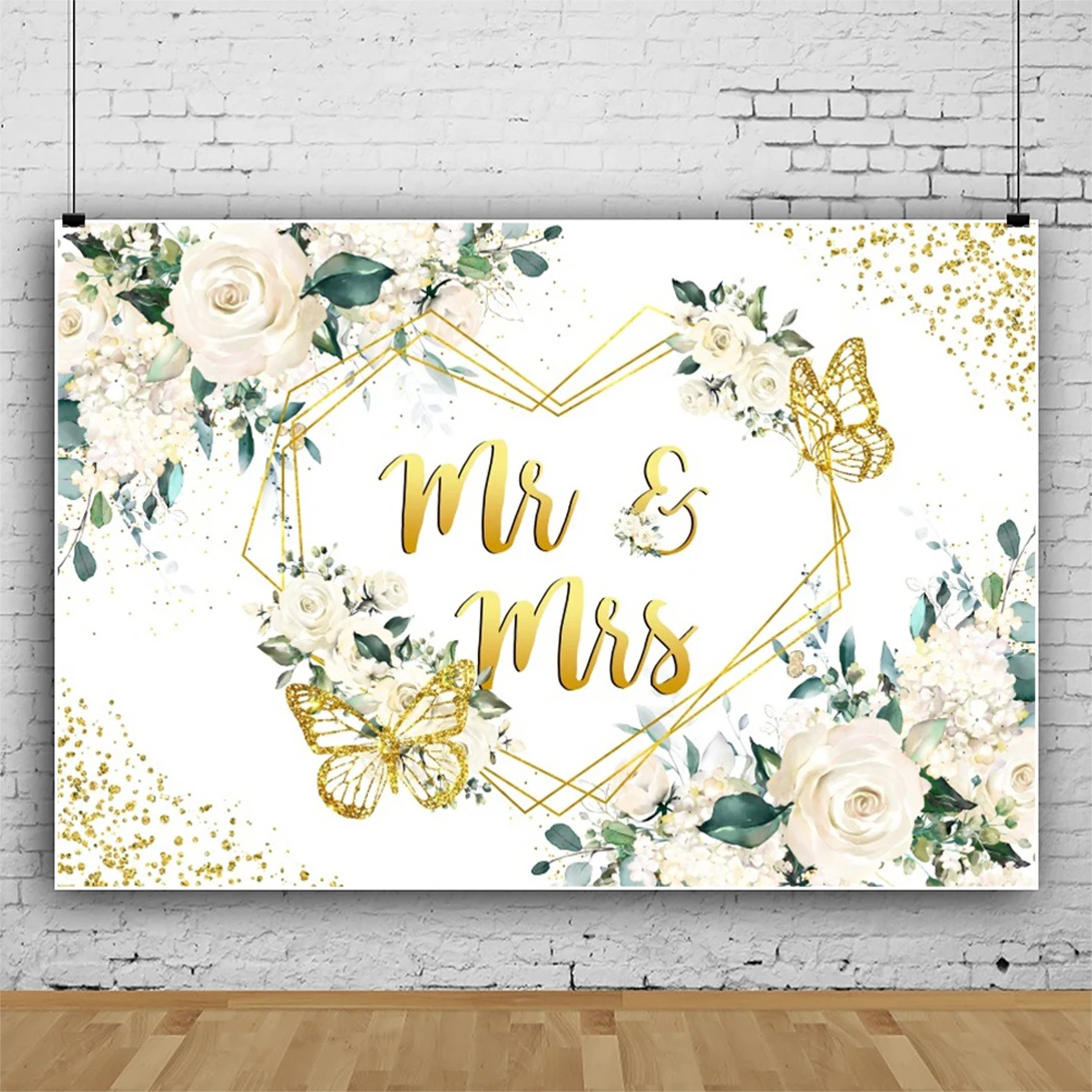 Laeacco Mr and Mrs Backdrop White Rose Floral Wall Glitter Ring Reception Bridal Groom Engaged Portrait Photography Background