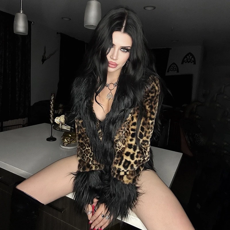 European American Hot Girl Autumn Winter Women's Coat Original Sexy Leopard Print Furry Long Plush Collar Faux Fur Jacket Ladies