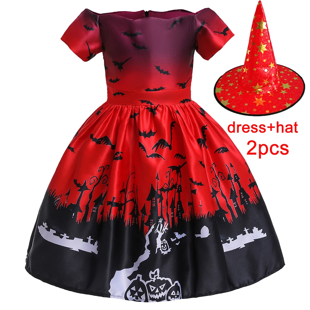 

Halloween Pumpkin Bat Printed Costumes for Girl Carnival Cosplay Ghost Bow Birthday Party Dress Gothic Evening Prom Kids Clothes