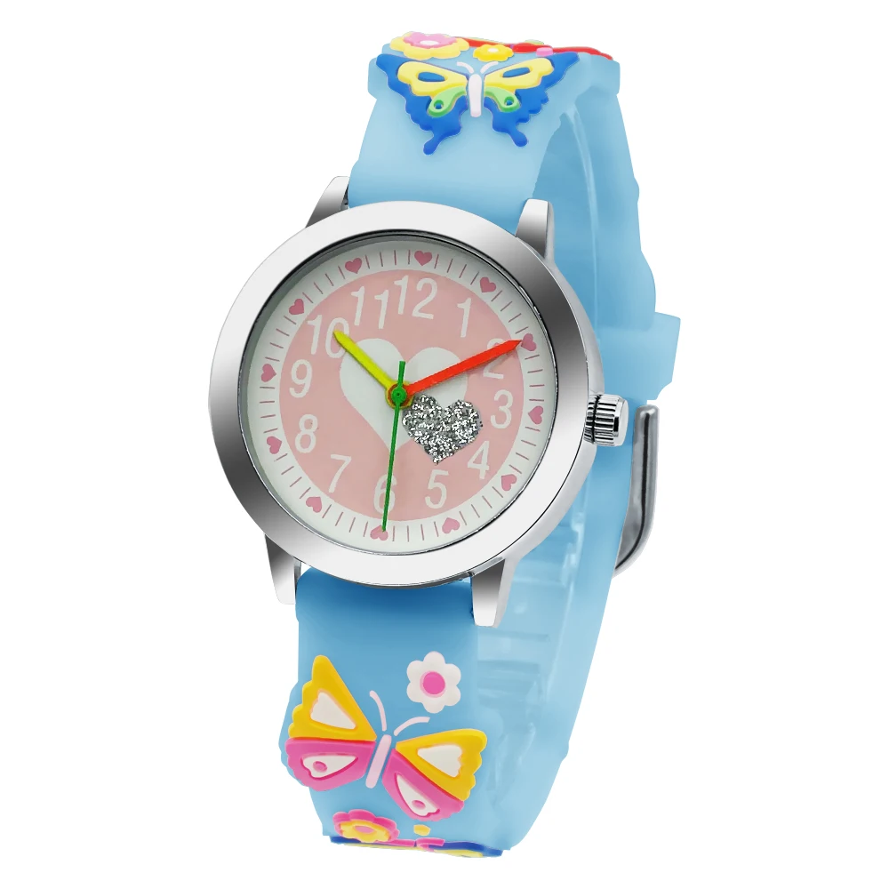 Bracelet de montre en silicone pour enfants, papillon 3D, bande dessinée, rose, blanc, lueur, petit cadran, garçons et filles, montre de sport, horloge