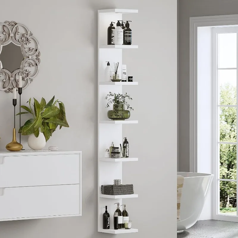 7段ウォールシェルフユニット、ホワイトラックウォールシェルフ、LEDリモコン付きディスプレイフローティングシェルフ