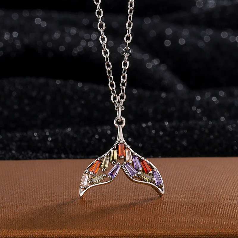 New Fashion Temperament Colorful Zircon Fish Tail 925 Sterling Silver Jewelry Mermaid Tail Pendant Necklaces XL282