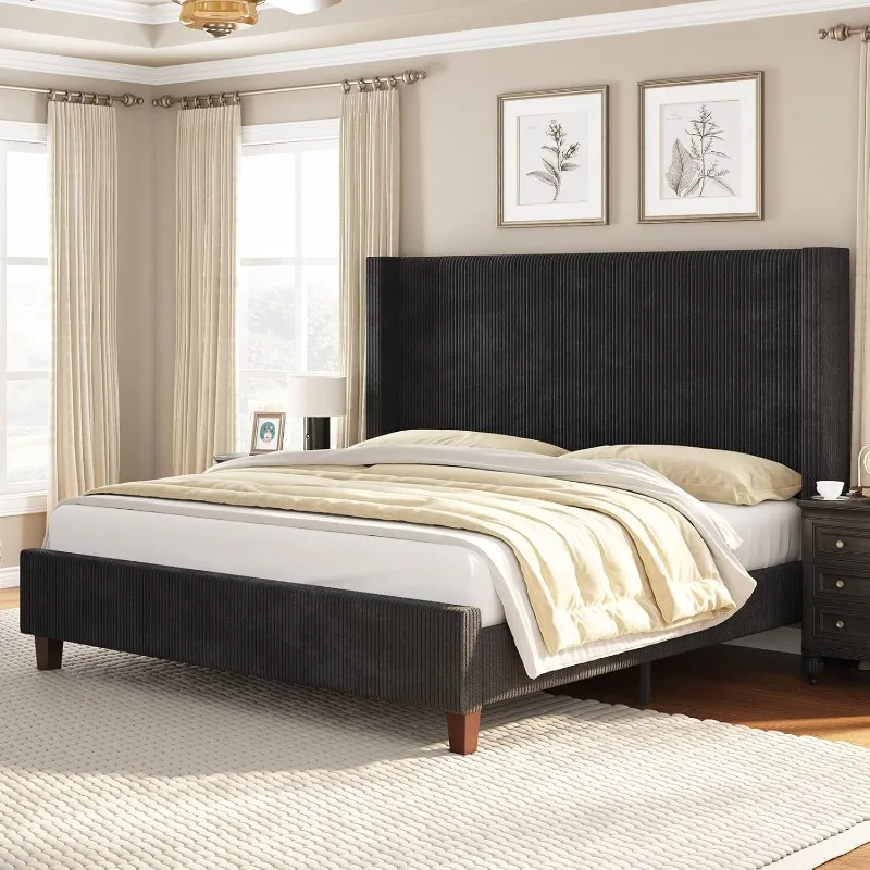 

King Size Platform Bed Frame 50.8" Corduroy Upholstered Bed with Vertical Channel Tufted Headboard Wooden Slats Wingback Black