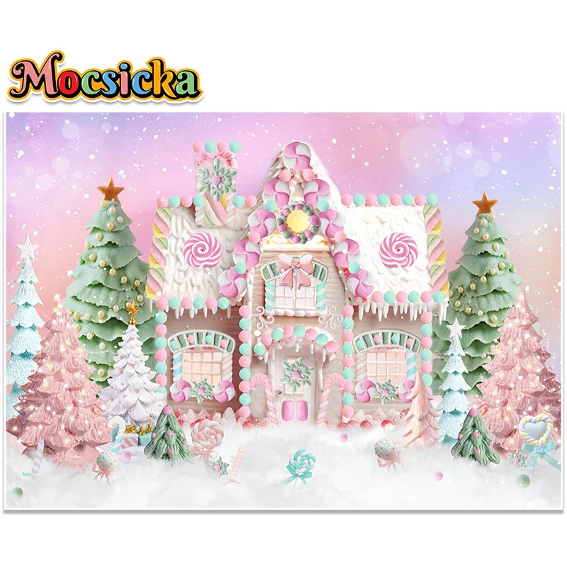 Sugar Bun Cottage Photography Backdrop Christmas House Backdrop Pink Xmas Tree Gift Background Snow Holiday Family Party Decor