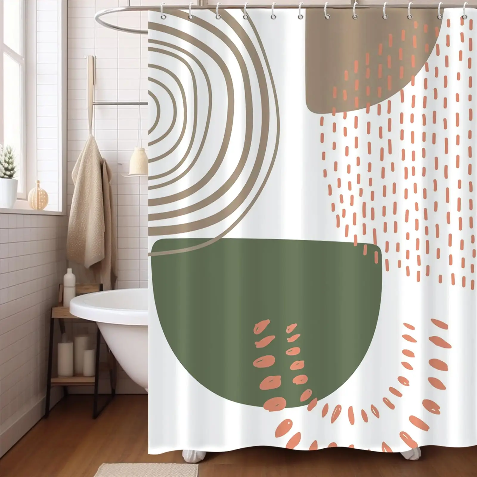 Boho Shower Curtain, Mid Century Modern Minimalist Green Beige Waterproof Fabric for Bathroom Decor Bathtub Curtains with Hooks