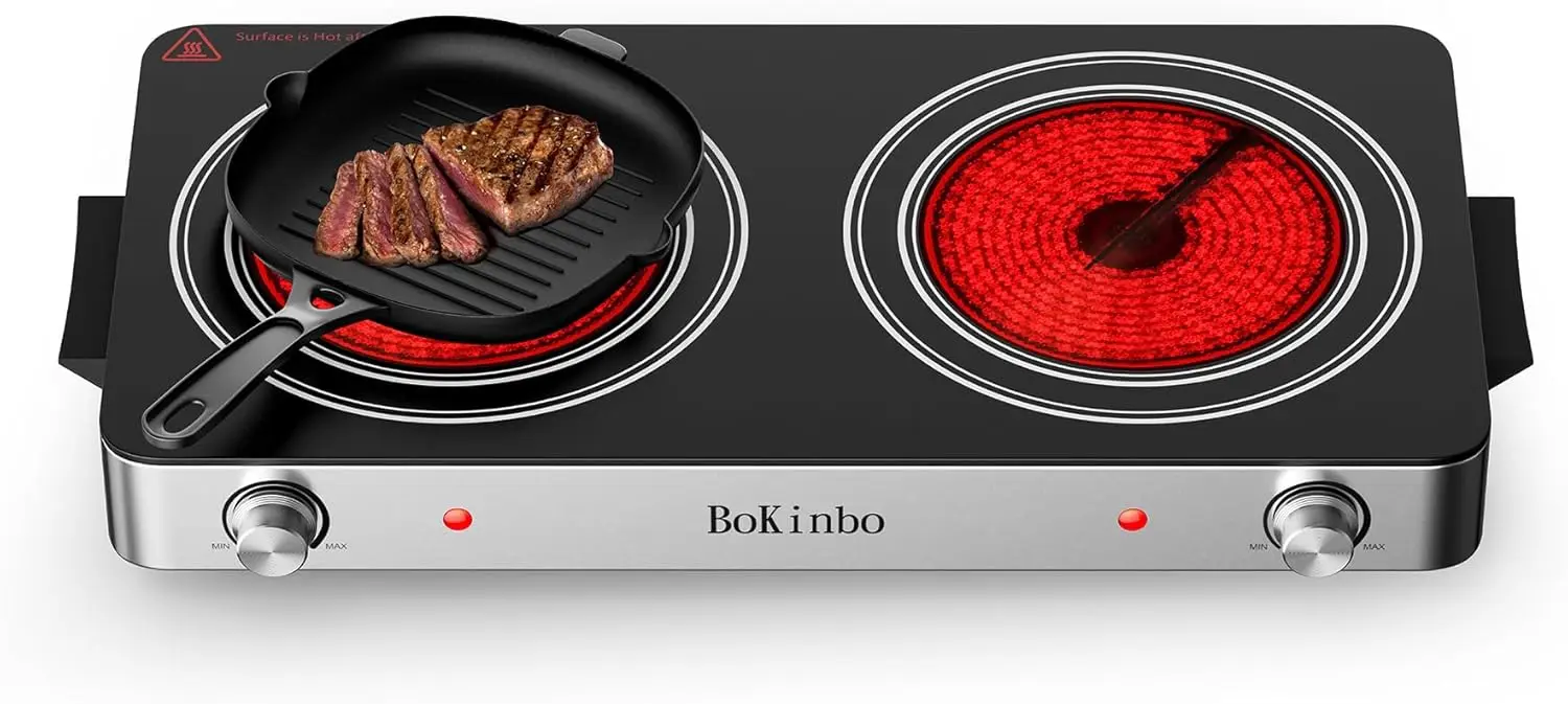 

Dual 2200W Infrared Electric Cooktop, 2 Burner Hot Plate, Knob Control, Overheat Protection for Dorm Kitchen