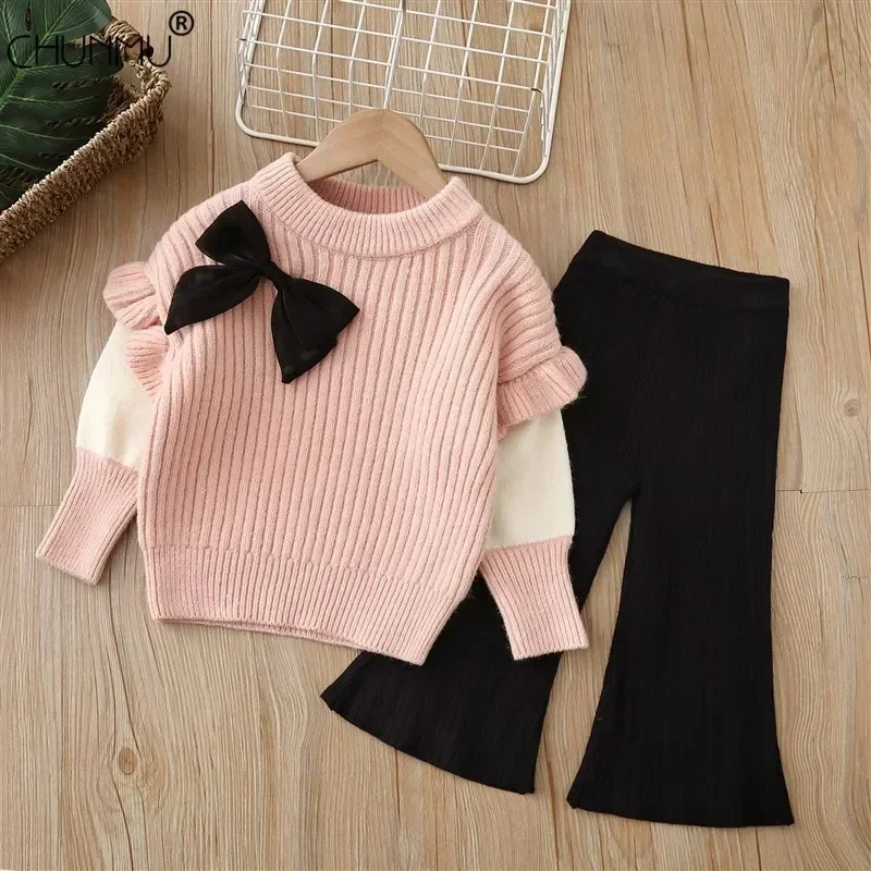 Baby Girls Winter Clothes Set Warm Outfits  Girls Flower Knit Sweater and Pants Autumn Girl Clothing Set Children Costume