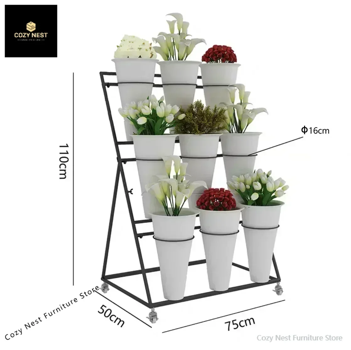 Multi-tier Flower Display Rack,Large Removable Display Stand with Plastic Bucket, Black Gold Flower Shop Iron Wedding Visualizer