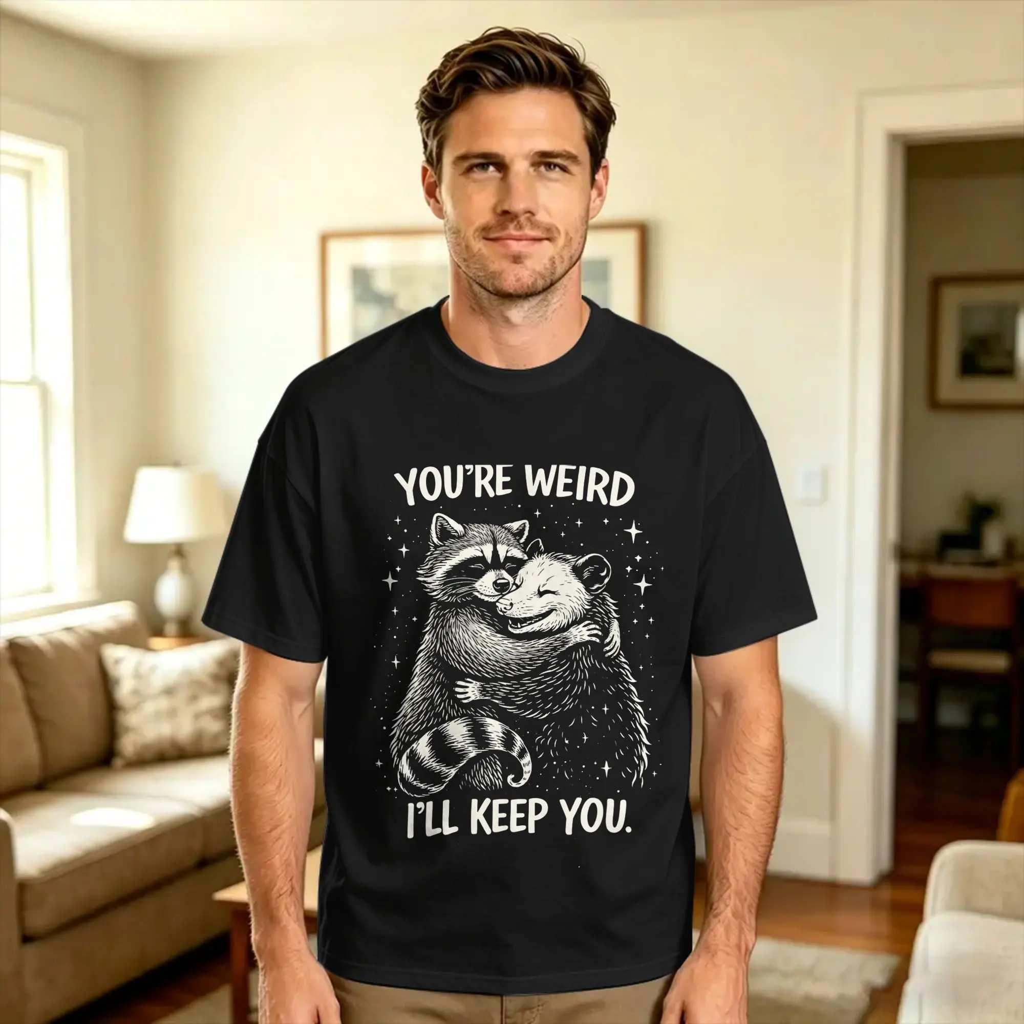 You’re Weird I‘ll Keep You Cute Racoon and Opossum Couple T Shirt Summer Vintage T-Shirts Cotton Harajuku Tshirt For Men Clothes