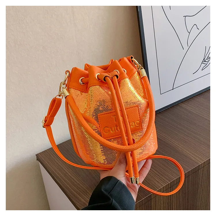

Fashion Bucket Bags for Women Trend Sequin Personality Luxury Handbag Leather Letter String Crossbody Shoulder Bag Ladies