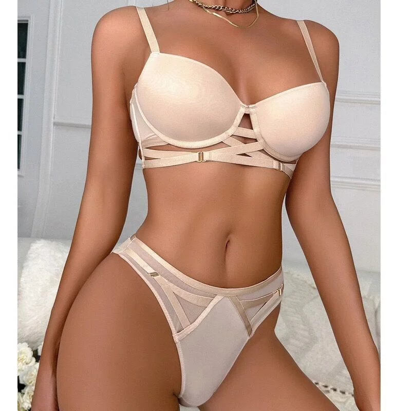 

Europe and America Fashion Sexy Push Up Bra Set Female Smooth Thick Cup Plus Size Underwear Bandage Strap Panties Set