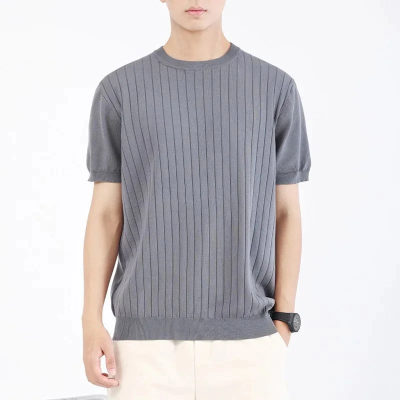 

Ice Silk Men's Summer Knitted Sweater Short-sleeve Loose Casual T-shirt Business Fashion Vintage T Shirts Tops