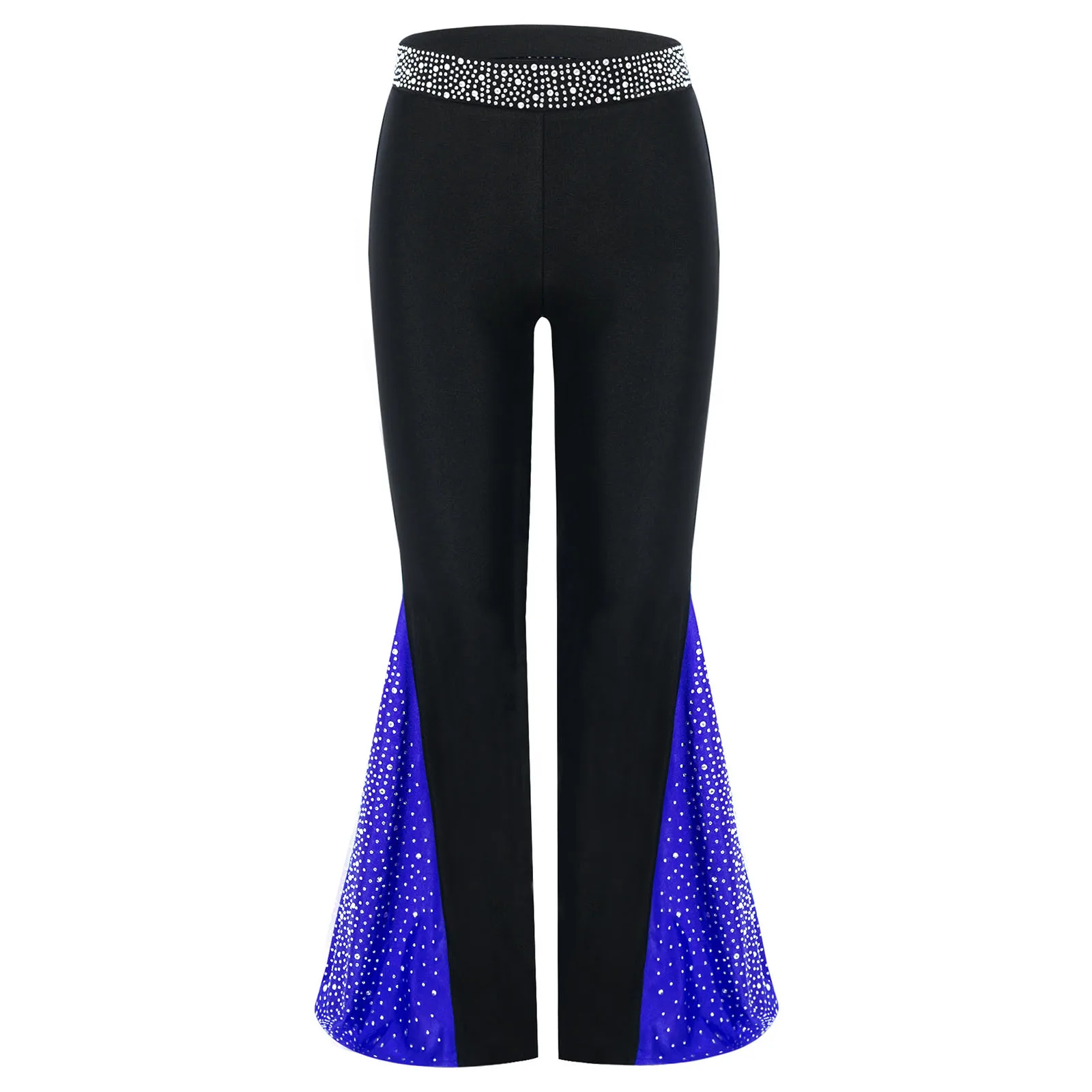 

Kids Girls Belly Jazz Dance Pants Elastic Waistband Shiny Rhinestones Color Block Bell-Bottomed Pants Figure Skating Costume