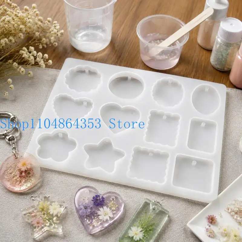 652F Assorted Pendant Mold for Resin Jewelry Making with Round, Heart, Flower, Star, Oval, and Rectangular Cavities