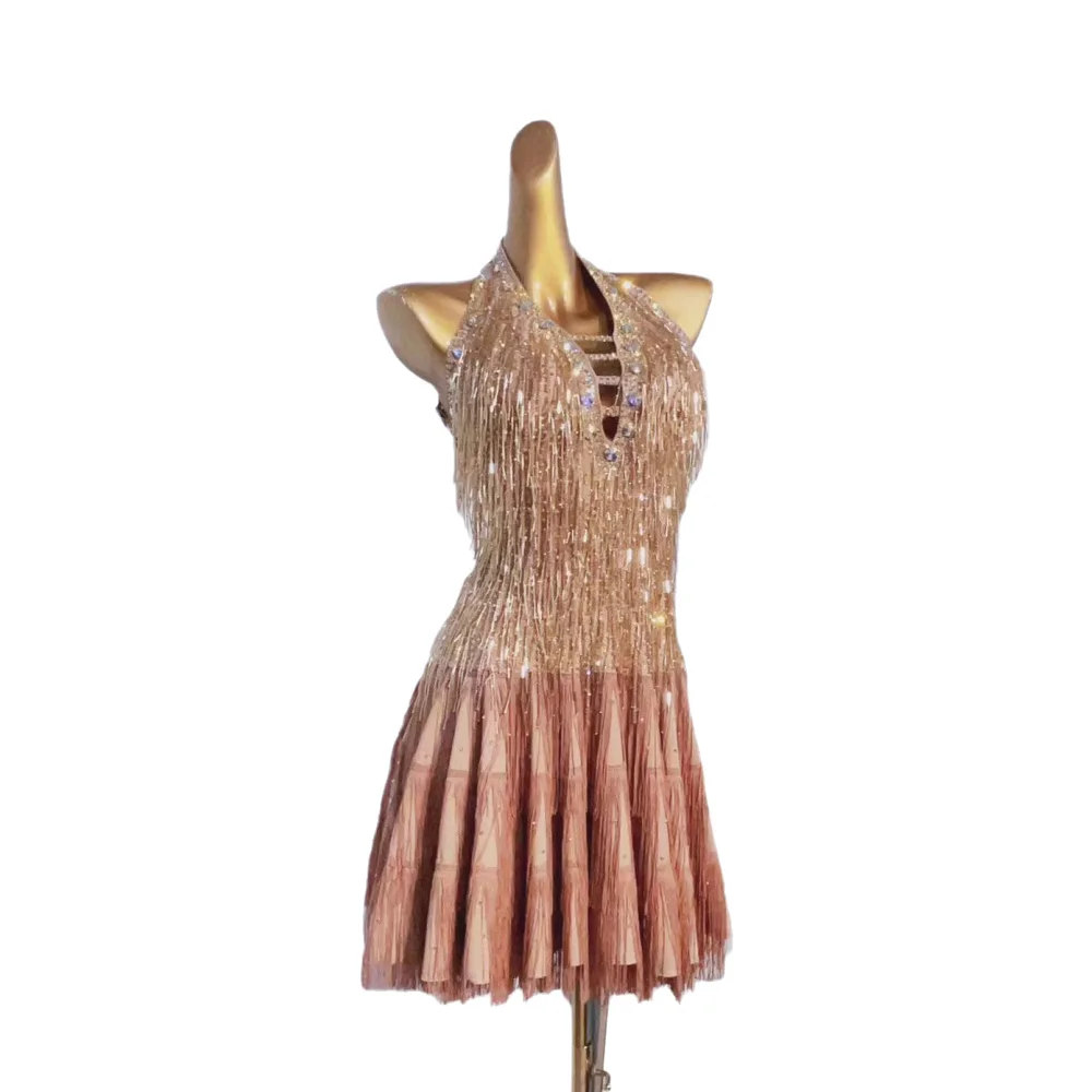 فستان راقص لاتيني للأطفال البالغين عالي الجودة مصنوع من الخرز المعدني وشرابة تانجو سامبا AB Stone Performance