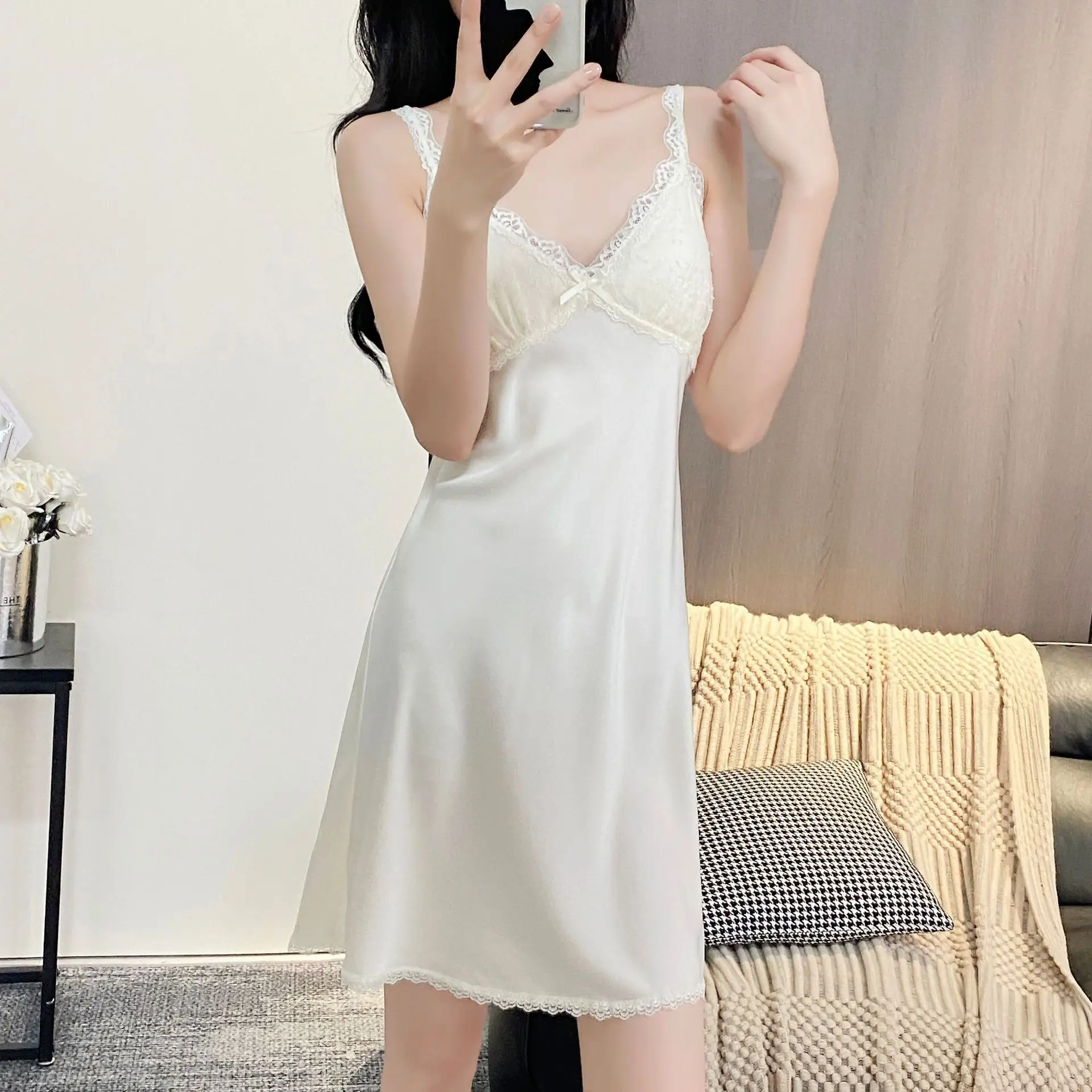 

Summer Chemise Nightgown Women Lace Sleepwear Dressing Gown Lingerie Sexy Suspender Nightdress Loungewear Silky Satin Home Dress