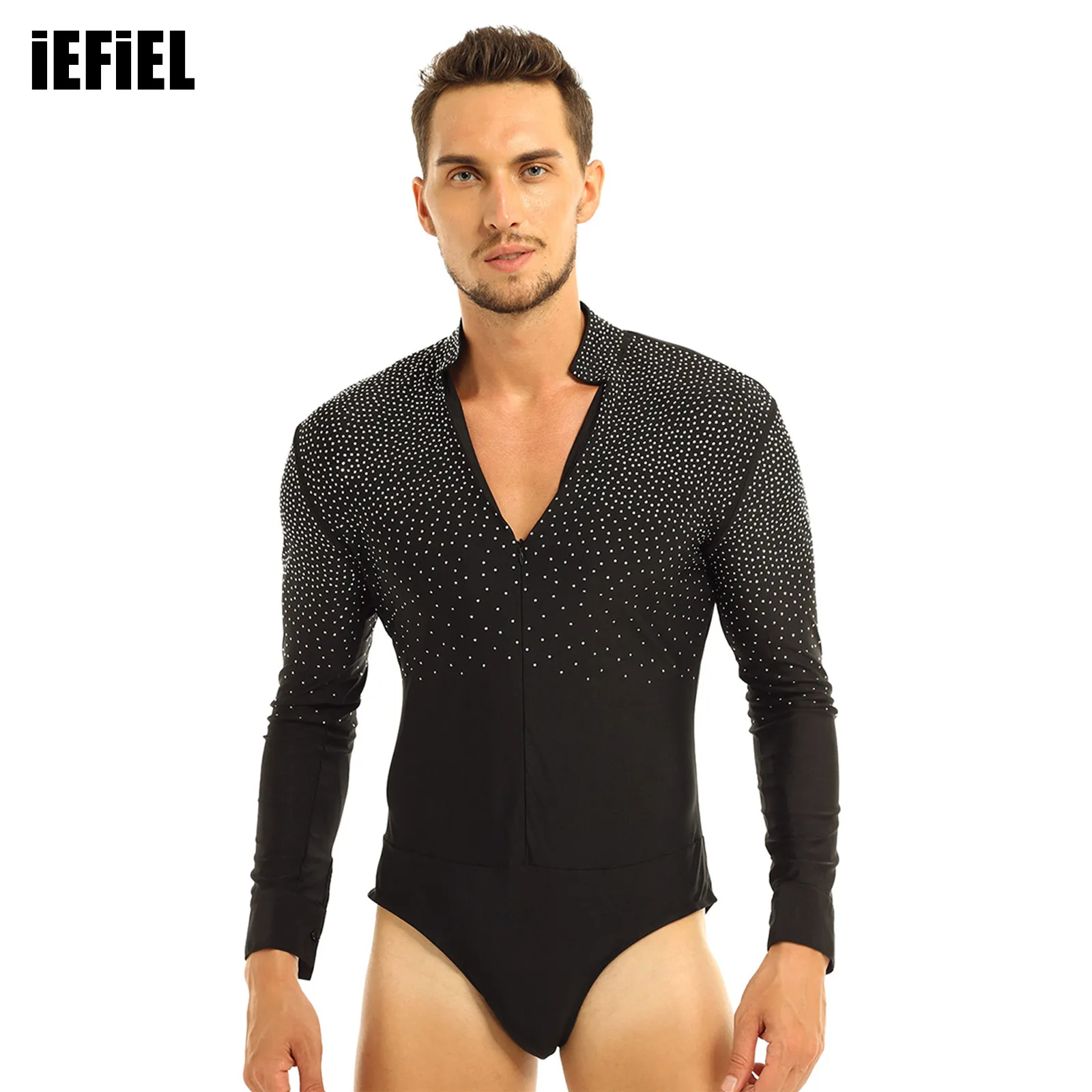 Men Shiny Rhinestones V-neck Dance Shirt Leotard Stand Collar Long Sleeve Ballroom Latin Tango Rumba Bodysuit Shirt Tops