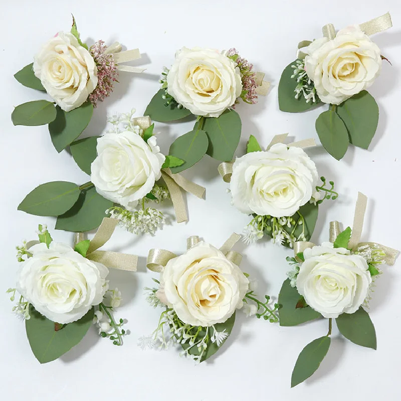 Boutonniere y Corsag de muñeca, Rosa champán blanca, invitados de banquete, Anfitrión, busto, flor de mano, celebración de negocios, 346